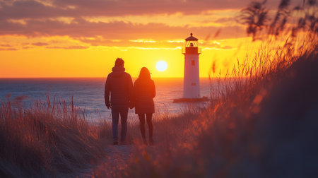 Couple walking in dunes at sunset, looking at the lighthouseの素材