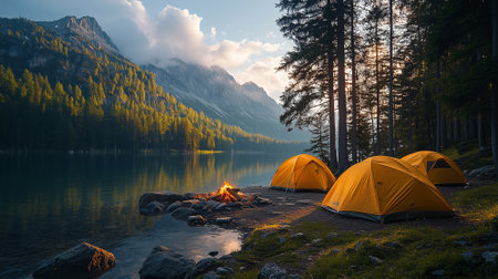 Camping on the shore of a mountain lake in the mountains.の素材
