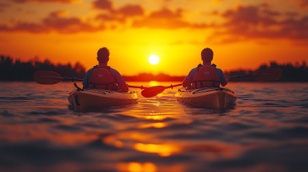 Couple kayaking on the lake at sunset. Canoeing conceptの素材