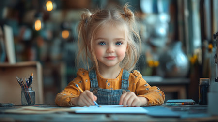 Adorable little girl drawing with pencils at table in art studioの素材