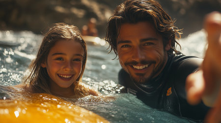 Cute little girl and her handsome father swimming in the sea on a sunny dayの素材