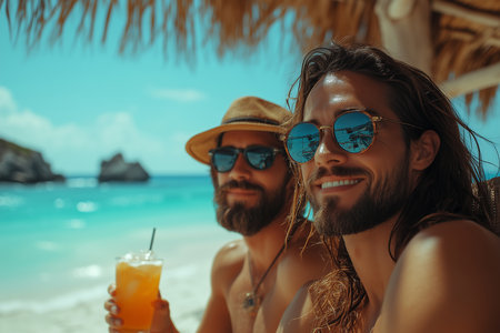 Couple in sunglasses with cocktail at tropical beach on sunny day.の素材