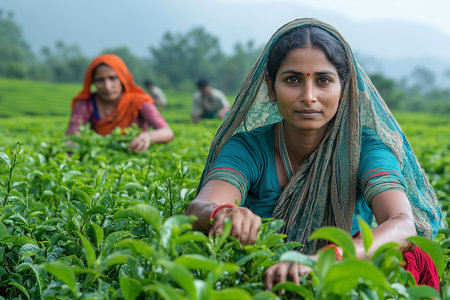 Young Indian woman working on tea plantation in Mandalay, Myanmar.の素材