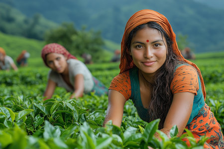 Indian woman at tea plantation in Chiang Rai, Thailand.の素材
