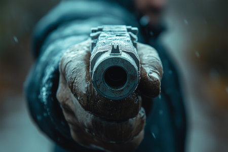 Close up of a man holding a gun in his hand, blurred backgroundの素材