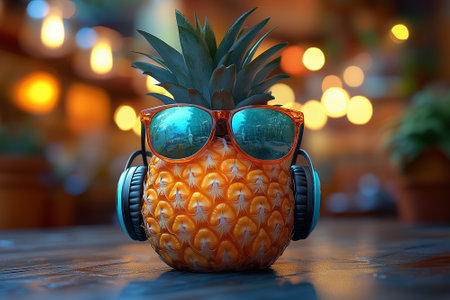 Pineapple with sunglasses and headphones on a wooden table in the dark.の素材