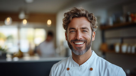 Portrait of smiling male chef looking at camera in kitchen at restaurantの素材