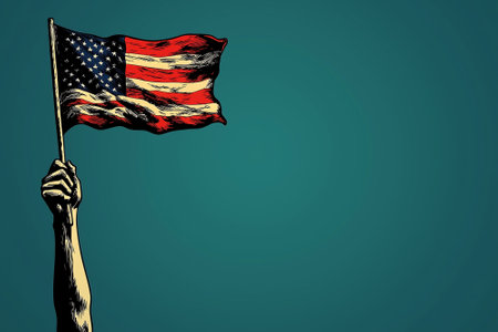 Silhouette of hand with american flag against green vignetteの素材