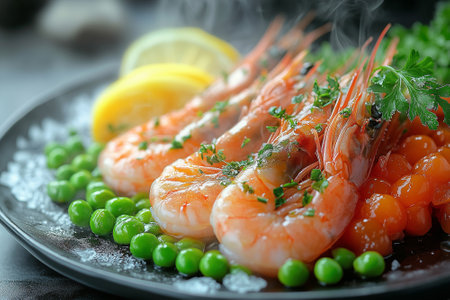 Shrimps with lemon and green peas on plate, closeupの素材