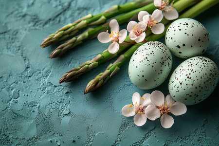 Easter eggs and asparagus flowers on color textured backgroundの素材