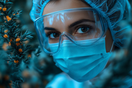 beautiful female surgeon in protective mask looking at camera while standing among flowersの素材