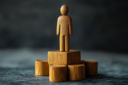 Wooden figures of people stand on the podium. Business concept.の素材
