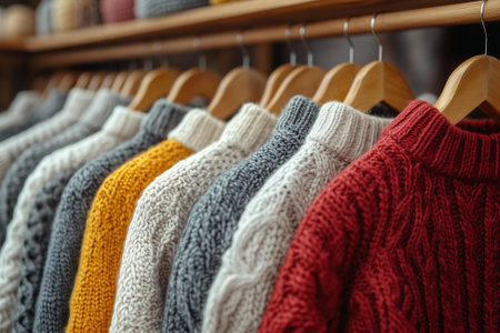 Colorful knitted sweaters on hangers in store, closeupの素材