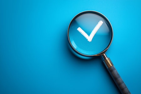 Magnifying glass with check mark symbol on blue background. Concept of choice.の素材