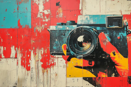 Vintage camera on the background of an old wall with peeling paintの素材