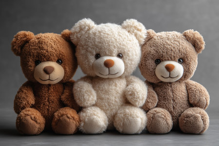 Three teddy bears on gray background, closeup. Space for textの素材