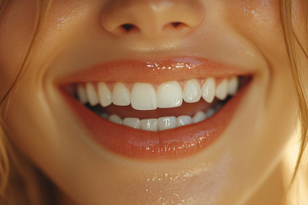 Closeup of smiling woman with healthy white teeth. Teeth whitening concept.の素材