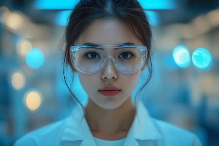 Portrait of a young female scientist in lab coat and glasses.の素材
