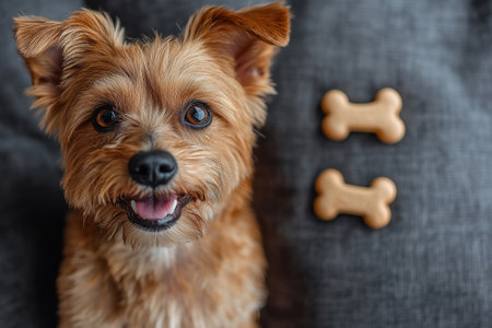Cute dog with bone shaped biscuits on grey background, closeupの素材