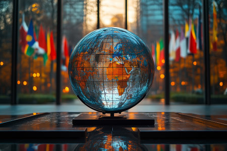 Globe with map of the world on the background of flags of the countries of the worldの素材