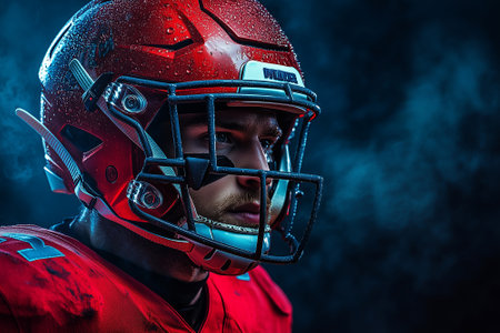 Portrait of a serious American football player in a red uniform on a dark background.の素材