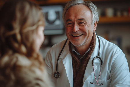 Portrait of smiling senior doctor talking with female patient in clinic. Doctor and patient discussing something. Medicine and healthcare conceptの素材