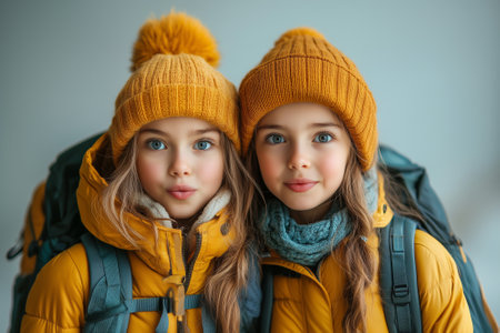 adorable little girls in winter clothes looking at camera isolated on grayの素材