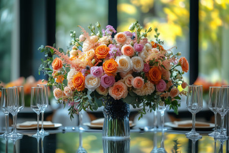 Beautiful wedding bouquet of mixed flowers in vase on tableの素材