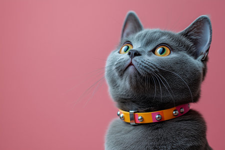 Funny british shorthair cat with collar on pink backgroundの素材