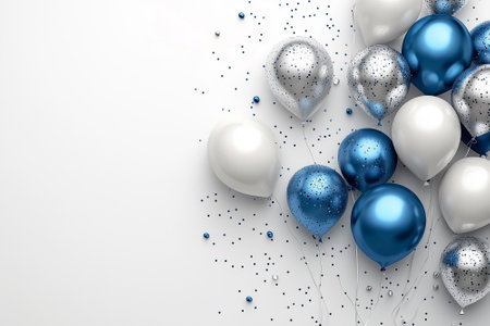 3d render of blue and white balloons and confetti on white backgroundの素材