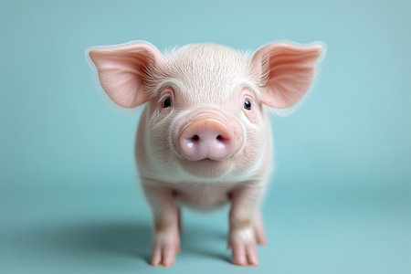 Portrait of a cute little pig on a blue background. The concept of a healthy lifestyle.の素材
