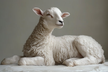 Sheep on a gray background, close-up, studio shotの素材