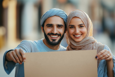 Young Muslim couple holding a blank cardboard and smiling at the cameraの素材