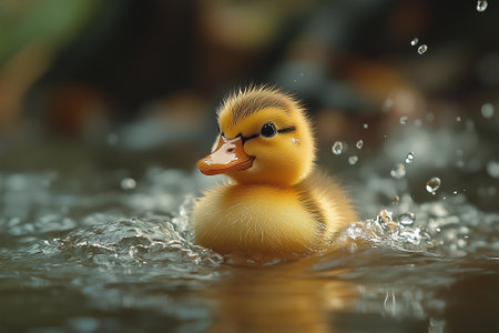Cute duckling swimming in water with water drops on its headの素材