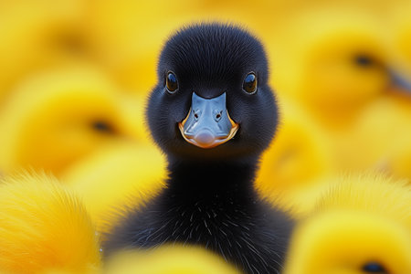 Close up of a black duckling with yellow fluffy ducklings.の素材