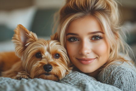 Beautiful young woman with Yorkshire terrier lying on bed at homeの素材