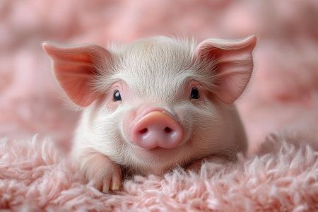 Cute little piglet on pink fur background, close-upの素材