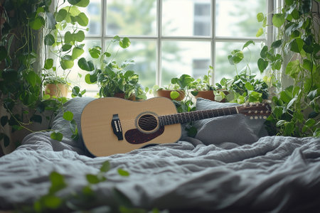 Acoustic guitar on a bed in a cozy room with green plantsの素材
