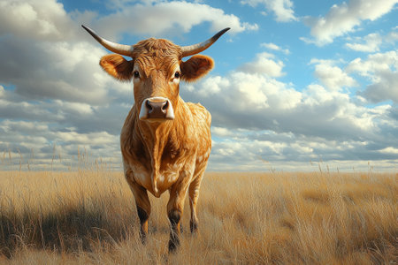 Portrait of a brown cow in the field with clouds in the backgroundの素材