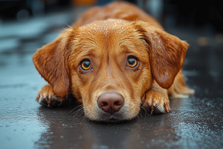 Cute dog lying on the floor and looking at the camera.の素材
