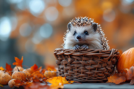Hedgehog in a basket on a background of autumn leaves.の素材