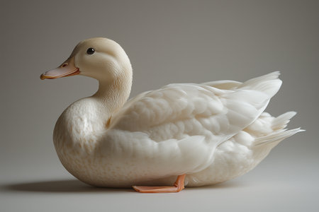 White duck isolated on gray background. Close up. Studio shot.の素材