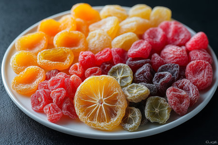 Colorful candied fruits on a white plate on a black backgroundの素材