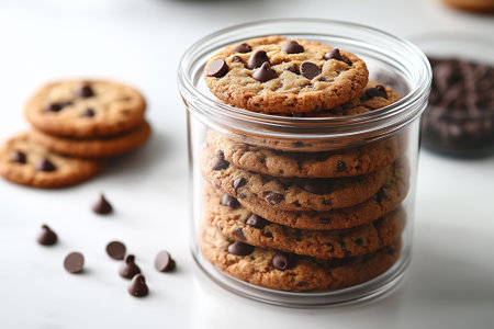 Glass jar with tasty chocolate chip cookies on white table, closeupの素材