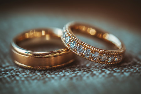 Wedding gold rings with diamonds on a blue background close upの素材