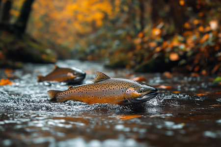 Rainbow trout caught in a fast-flowing river in autumnの素材
