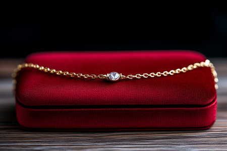 jewelry in a red box on a wooden background close upの素材