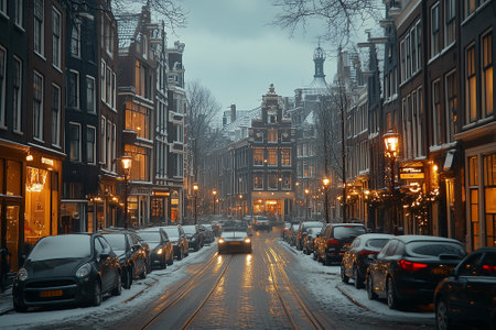 Street view of Amsterdam during snowfallの素材