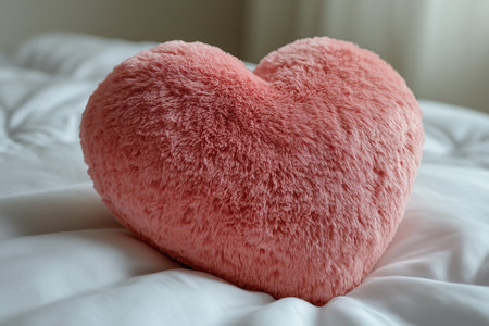 Pink heart pillow on bed in bedroom. Valentine's day concept.の素材