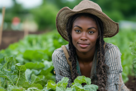 African american woman working at vegetable garden - Young black woman working on her farmの素材